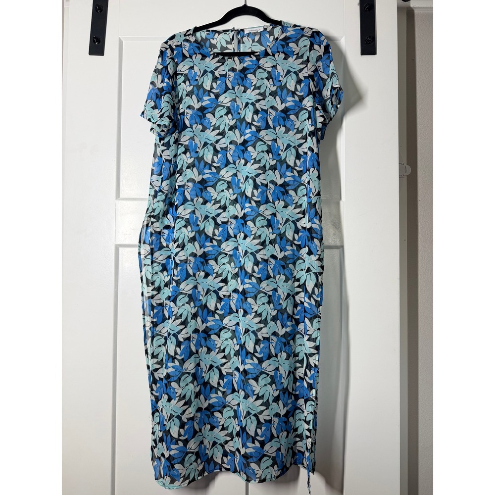 Calvin Klein Maxi Dress Women Large Blue Leaf Print Short Sleeve Slit Excellent